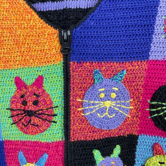 Vintage Y2K Susan Bristol Rainbow Cat Cats Crochet Embroidered Sweater Vest 2X - Picture 6 of 12